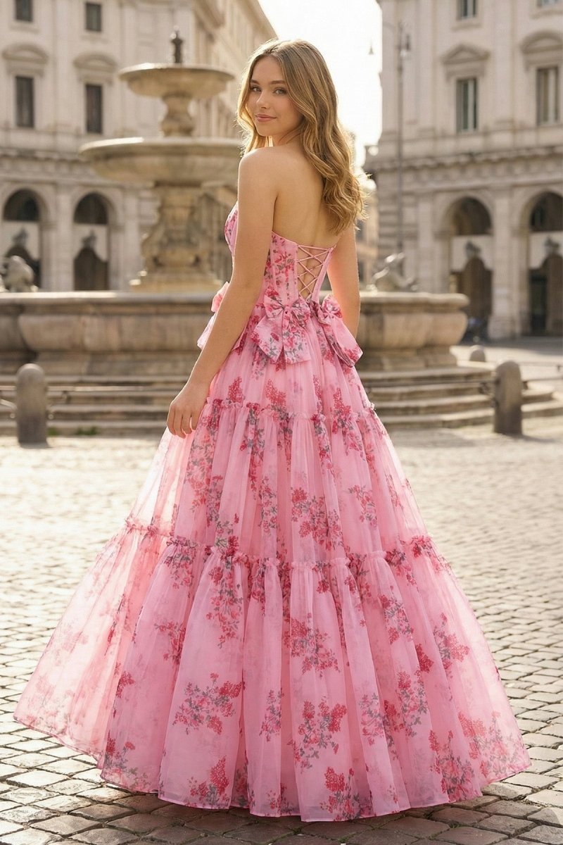KissProm Pink Sweetheart Chiffon A Line Floral Tiered Prom Dress With Bow, Hot Pink / 00