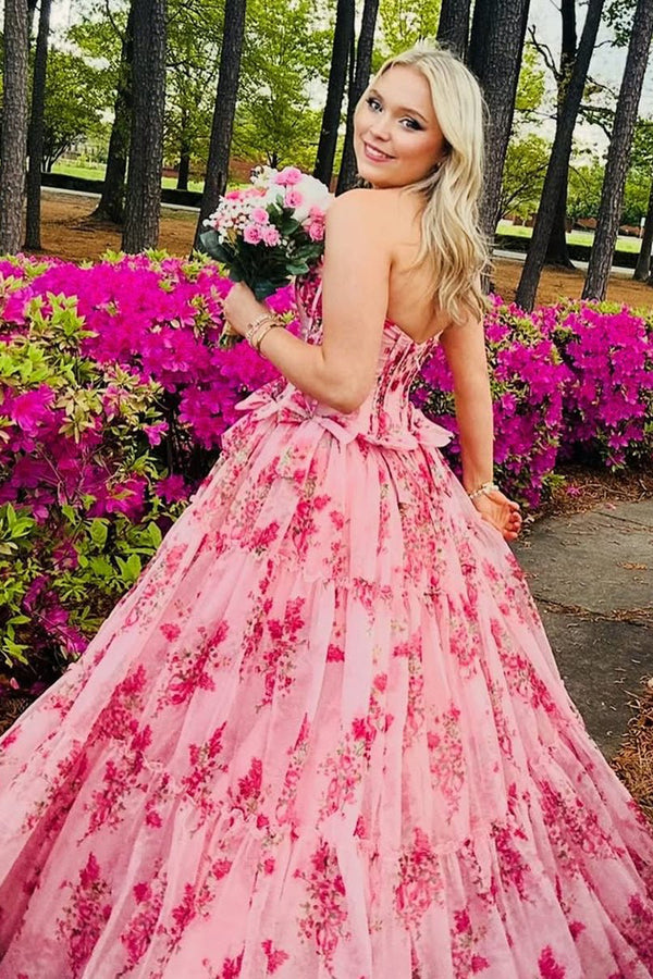 Santiago | Pink Strapless Chiffon A Line Floral Tiered Prom Dress With Bow