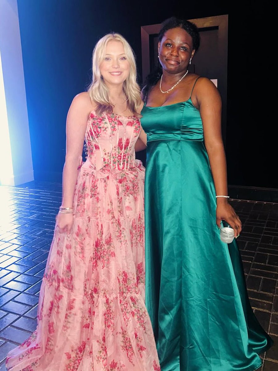 Santiago | Pink Strapless Chiffon A Line Floral Tiered Prom Dress With Bow