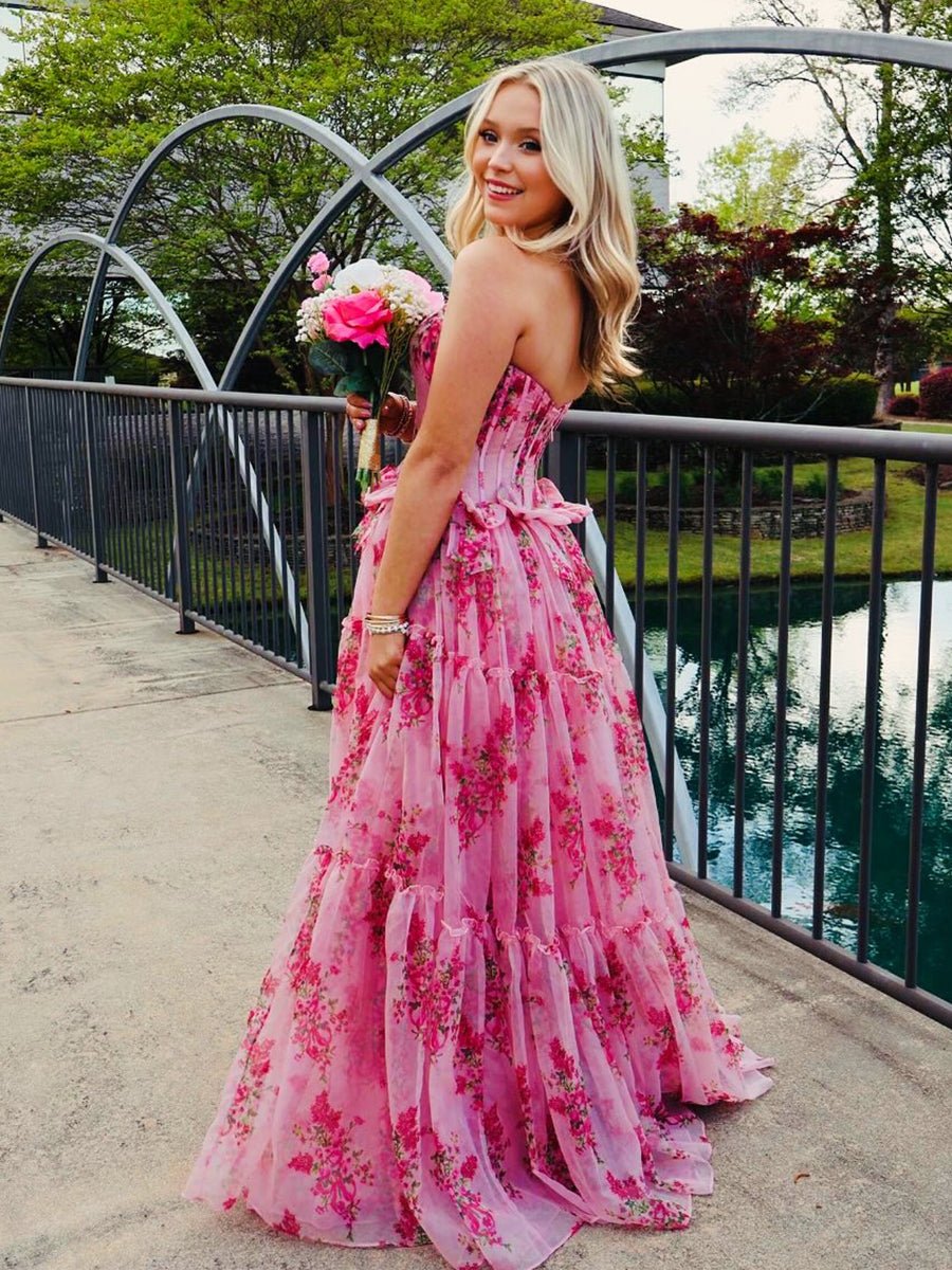 Santiago | Pink Strapless Chiffon A Line Floral Tiered Prom Dress With Bow