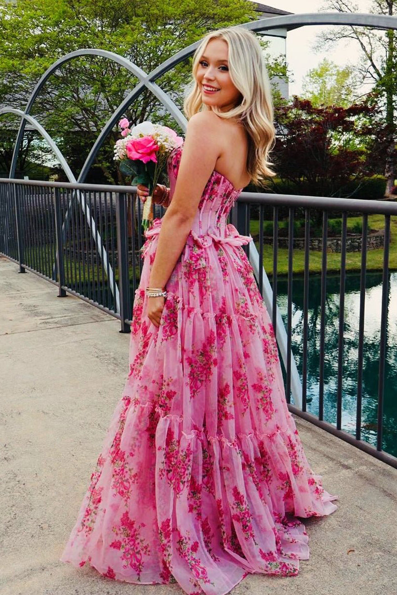 open lace back dress Ellie Pink Floral Strapless Mini Dress - US 2 main image 0