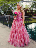 Santiago | Pink Strapless Chiffon A Line Floral Tiered Prom Dress With Bow