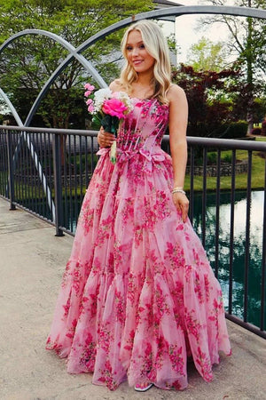 Santiago | Pink Strapless Chiffon A Line Floral Tiered Prom Dress With Bow