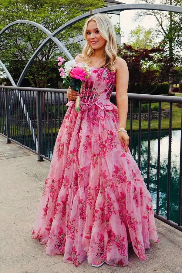 Santiago | Pink Strapless Chiffon A Line Floral Tiered Prom Dress With Bow