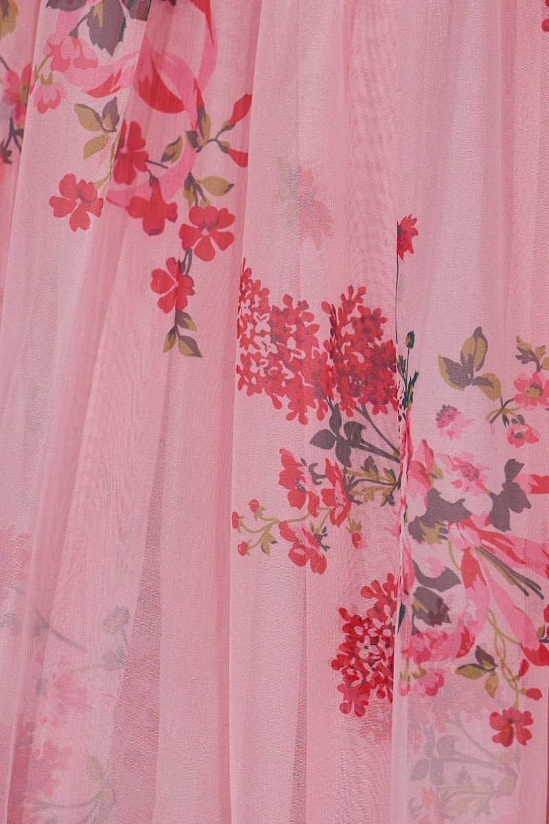 KissProm Pink Sweetheart Chiffon A Line Floral Tiered Prom Dress With Bow, Hot Pink / 00
