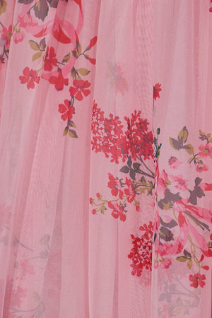 Pink Sweetheart Chiffon A Line Floral Tiered Prom Dress With Bow