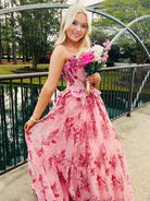 Santiago | Pink Strapless Chiffon A Line Floral Tiered Prom Dress With Bow