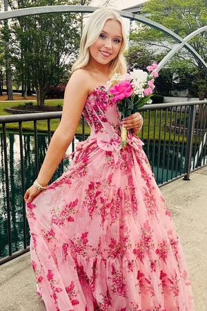 Santiago | Pink Strapless Chiffon A Line Floral Tiered Prom Dress With Bow