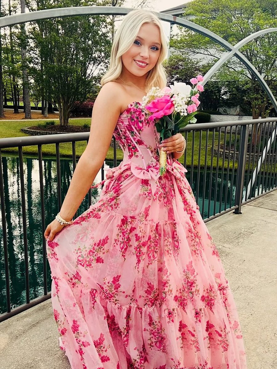Santiago | Pink Strapless Chiffon A Line Floral Tiered Prom Dress With Bow