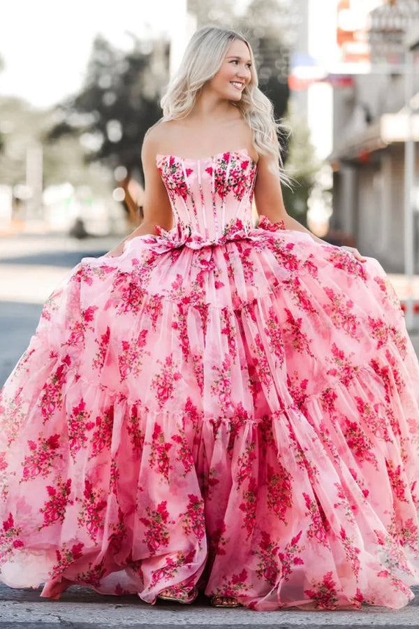 Santiago | Pink Strapless Chiffon A Line Floral Tiered Prom Dress With Bow