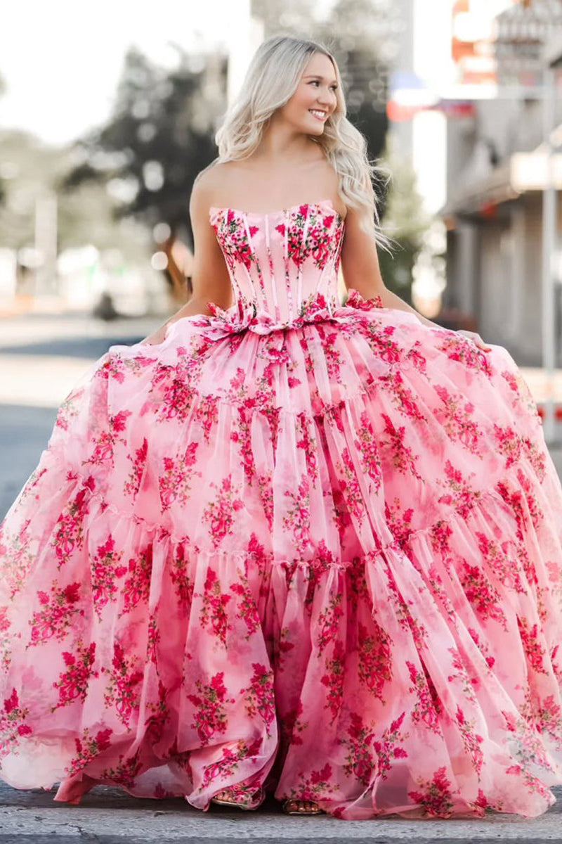 Pink Sweetheart Chiffon A Line Floral Tiered Prom Dress with Bow, Hot Pink / 00 Pink Sweetheart Chiffon A Line Floral Tiered Prom Dress with Bow, Hot Pink / 00