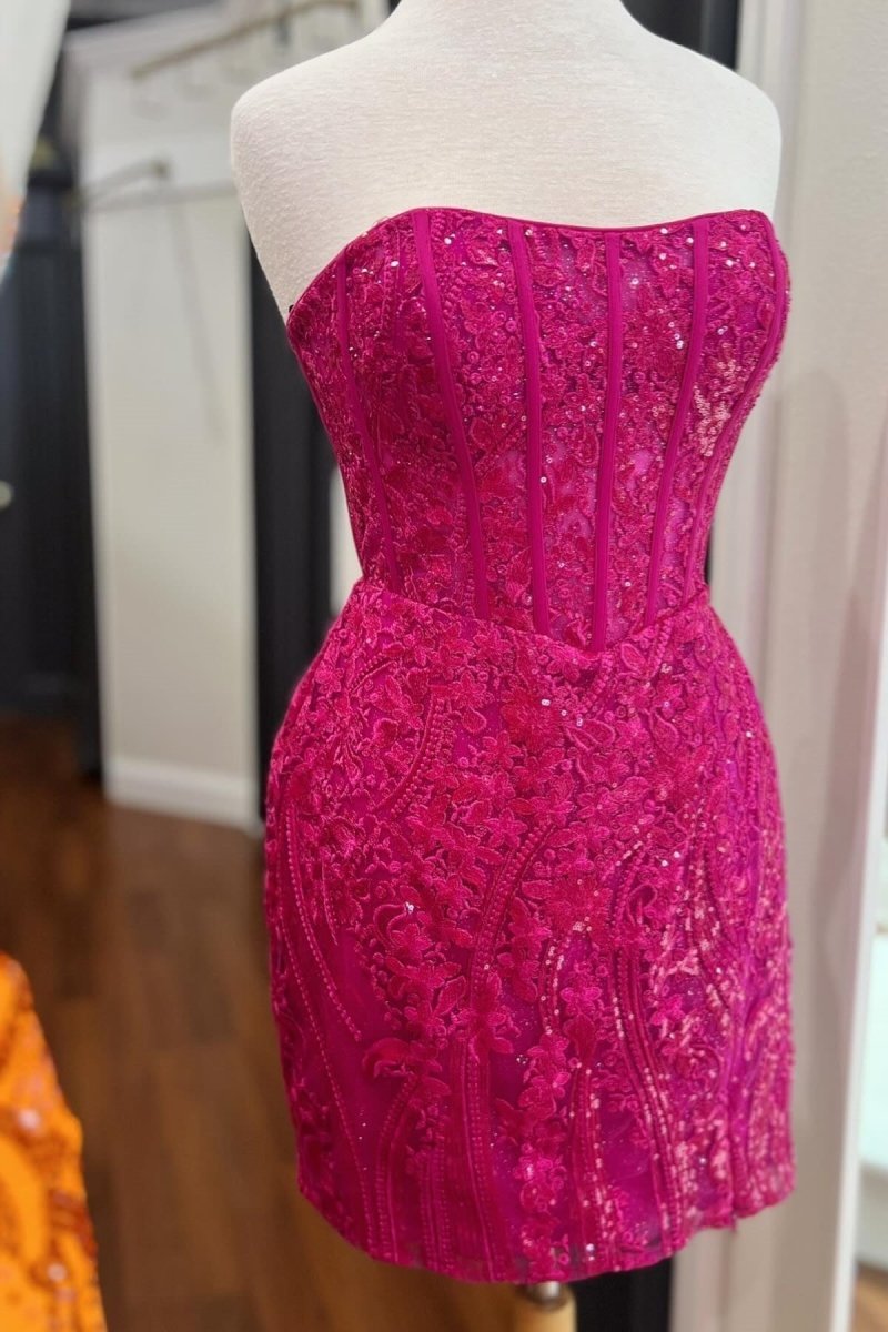 Sapphirina | Hot Pink - Strapless Bodycon Appliqued Homecoming Dresses With Slit