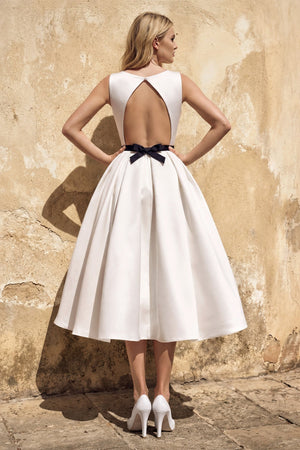 Satin A - Line Bateau Neck Midi Wedding Dress in White - KissProm Wedding Dresses