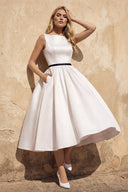 Satin A - Line Bateau Neck Midi Wedding Dress in White - KissProm Wedding Dresses