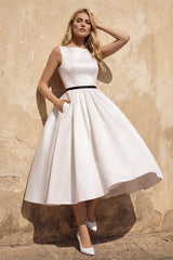 Satin A - Line Bateau Neck Midi Wedding Dress in White - KissProm Wedding Dresses