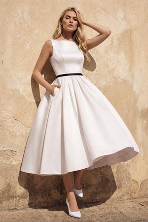 Satin A - Line Bateau Neck Midi Wedding Dress in White - KissProm Wedding Dresses