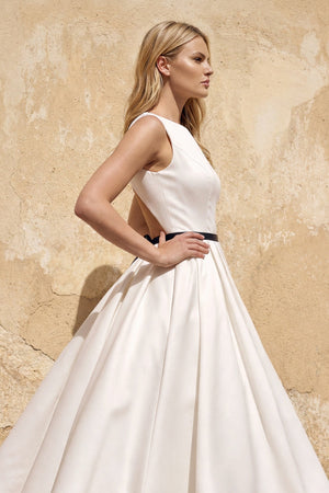 Satin A - Line Bateau Neck Midi Wedding Dress in White - KissProm Wedding Dresses
