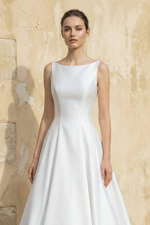 Kaelis| Satin A Line Open Back Ball Gown With Bow in White