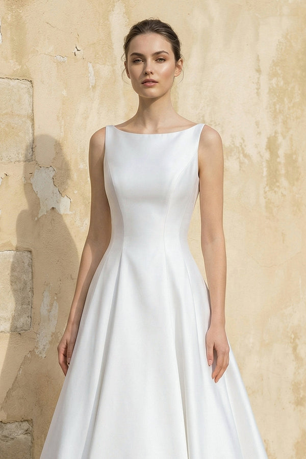 Kaelis| Satin A Line Open Back Ball Gown With Bow in White