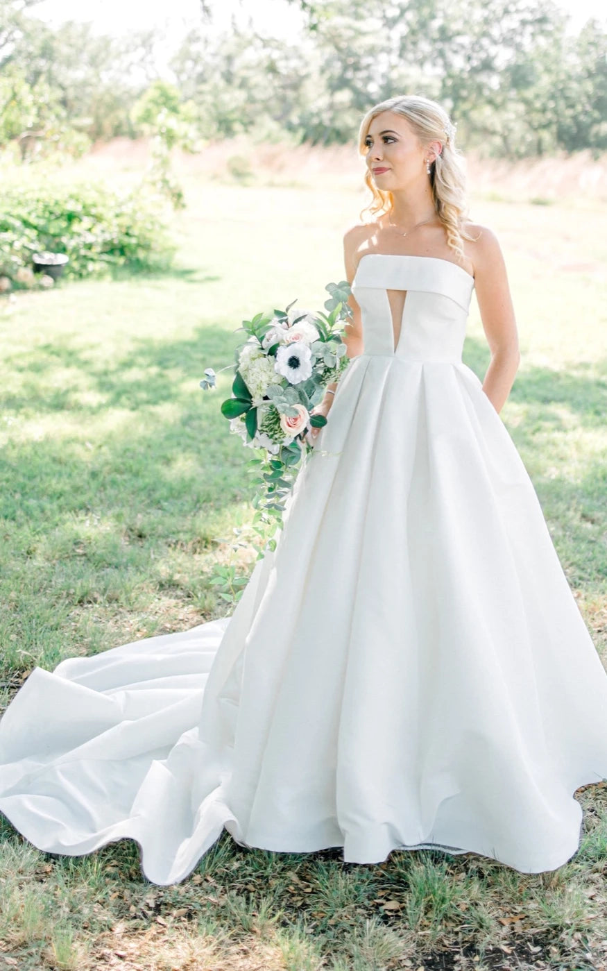 Satin A-Line Strapless Beach Elegant Wedding Dress With Button Back And Chapel Train