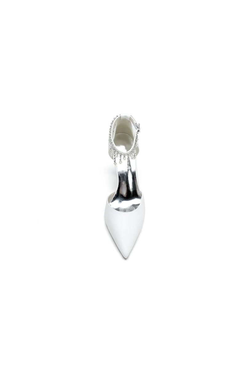 Satin Ankle Strap Pearl Beaded Satin Wedding Shoes - KissProm