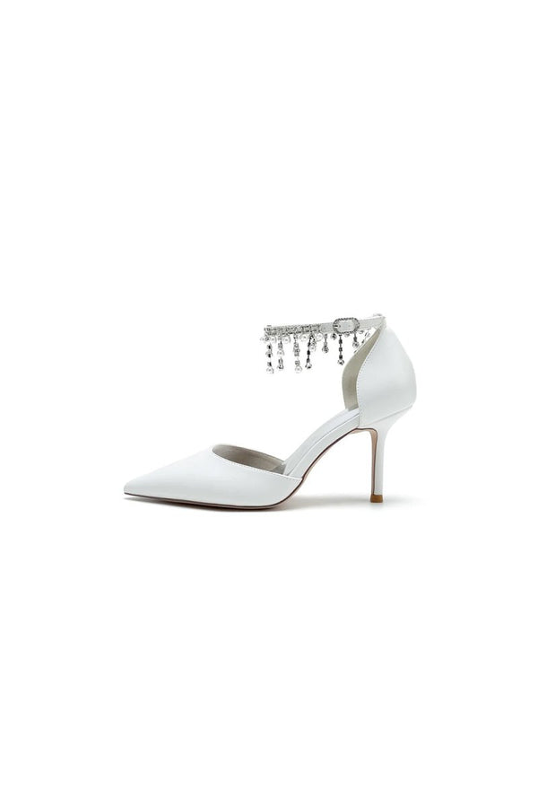 Satin Ankle Strap Pearl Beaded Satin Wedding Shoes - KissProm