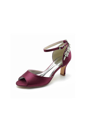 Satin Ankle Strap Rhinestone Chunky Heels - KissProm