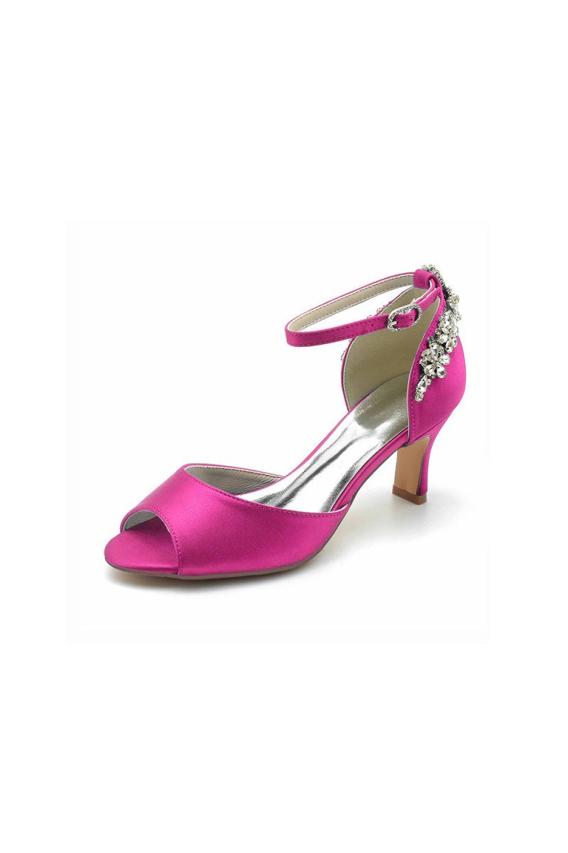 Satin Ankle Strap Rhinestone Chunky Heels - KissProm