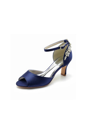 Satin Ankle Strap Rhinestone Chunky Heels - KissProm