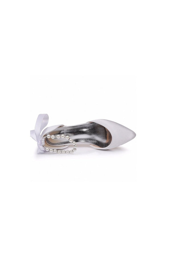 Satin Beaded Ribbon Low Heels Bridal Shoes - KissProm