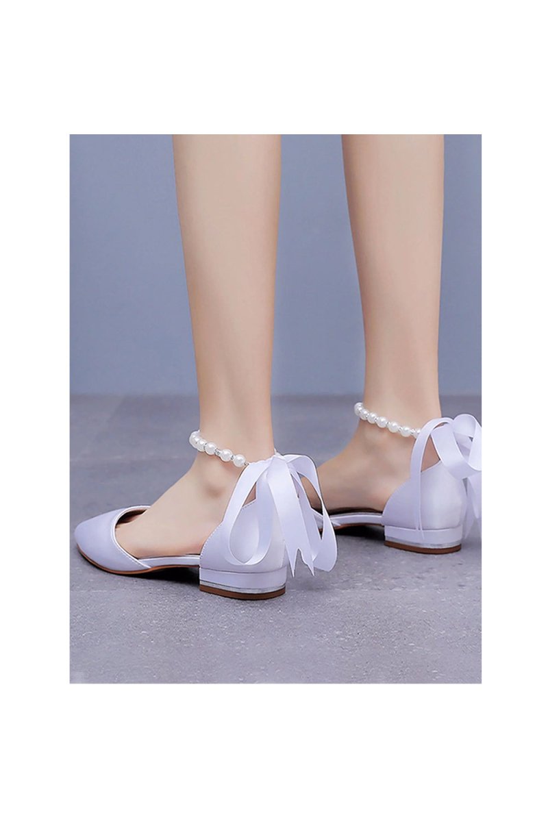 Satin Beaded Ribbon Low Heels Bridal Shoes - KissProm