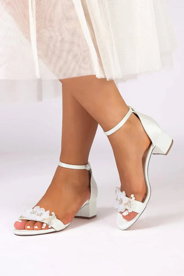 Satin Block - Heel Sandal Featuring Delicate Floral Rhinestone Decorations - KissProm