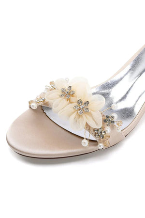 Satin Block - Heel Sandal Featuring Delicate Floral Rhinestone Decorations - KissProm