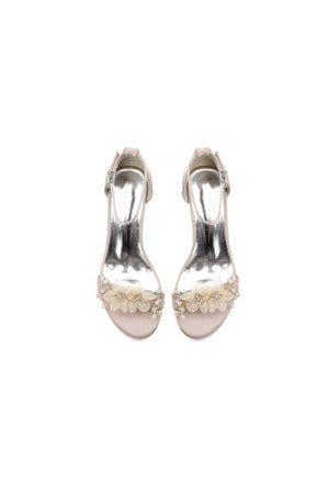 Satin Block - Heel Sandal Featuring Delicate Floral Rhinestone Decorations - KissProm