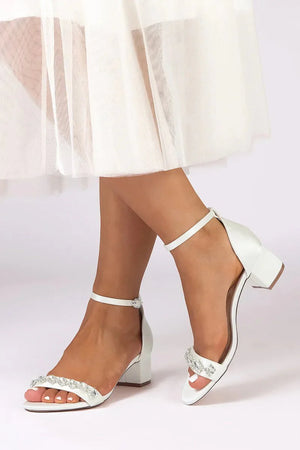 Satin Block - Heel Sandal with Diamond Embellishments - KissProm