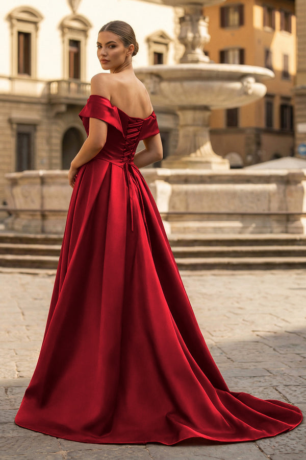 A-Line Prom Dresses Celebrity Style Dress Christmas Sleeveless Off The Shoulder Satin with Slit - KISSPROM PROM DRESSES