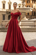A-Line Prom Dresses Celebrity Style Dress Christmas Sleeveless Off The Shoulder Satin with Slit - KISSPROM PROM DRESSES