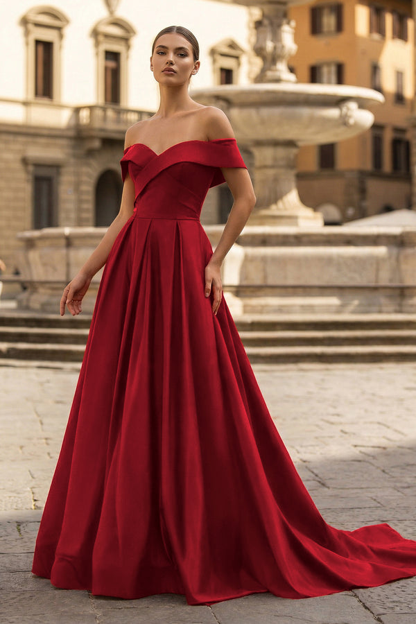 A-Line Prom Dresses Celebrity Style Dress Christmas Sleeveless Off The Shoulder Satin with Slit - KISSPROM PROM DRESSES