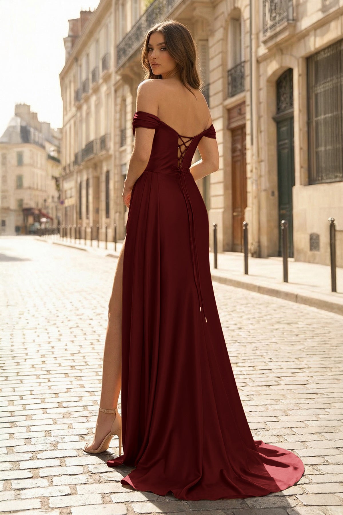 KissProm Mermaid Satin Long Prom Dress with Slit, Burgundy / 4