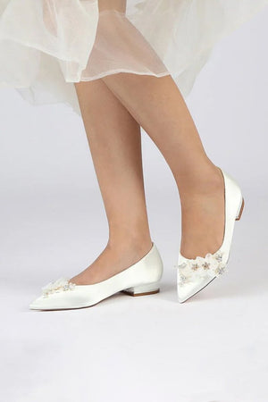 Satin Champagne Flats with Delicate Flower Embellishments - KissProm