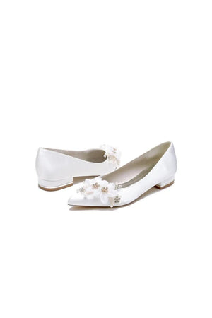 Satin Champagne Flats with Delicate Flower Embellishments - KissProm