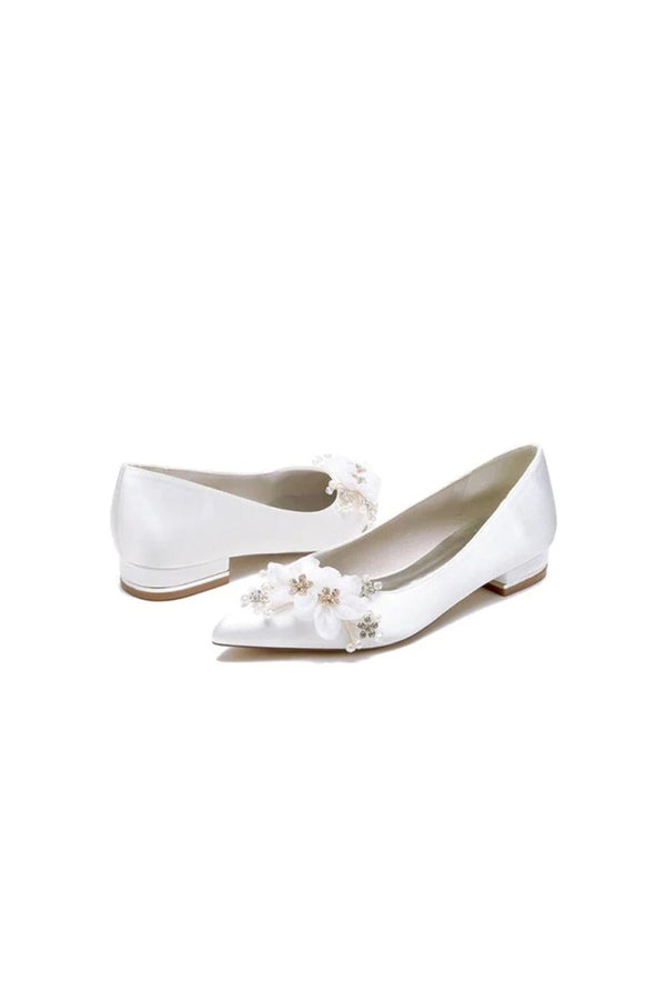 Satin Champagne Flats with Delicate Flower Embellishments - KissProm