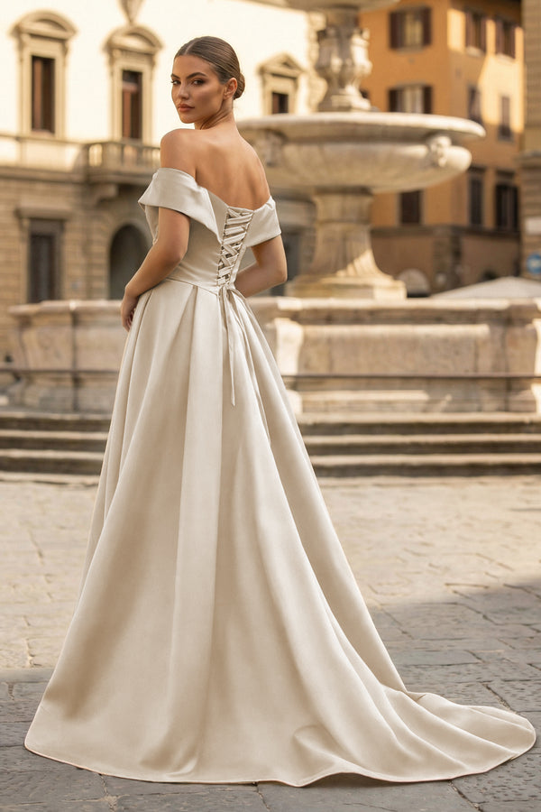 A-Line Prom Dresses Celebrity Style Dress Christmas Sleeveless Off The Shoulder Satin with Slit - KISSPROM PROM DRESSES