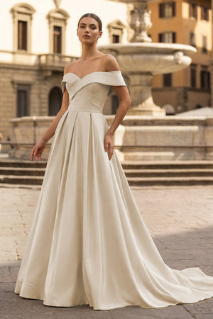 A-Line Prom Dresses Celebrity Style Dress Christmas Sleeveless Off The Shoulder Satin with Slit - KISSPROM PROM DRESSES