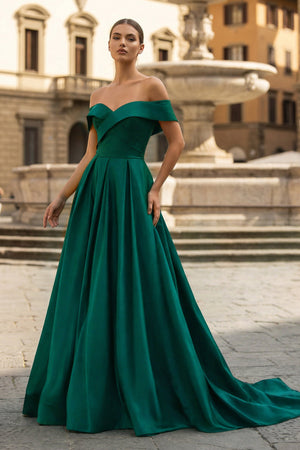 A-Line Prom Dresses Celebrity Style Dress Christmas Sleeveless Off The Shoulder Satin with Slit - KISSPROM PROM DRESSES