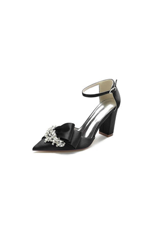 White Satin Heels Featuring a Large Decorative Bow and Metallic Heel - KissProm