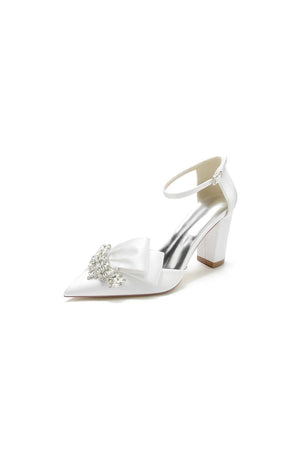 White Satin Heels Featuring a Large Decorative Bow and Metallic Heel - KissProm