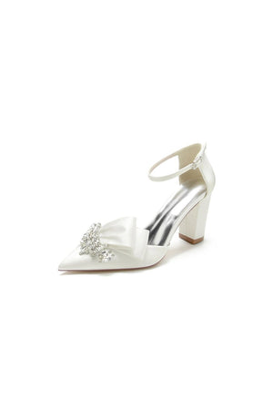 White Satin Heels Featuring a Large Decorative Bow and Metallic Heel - KissProm