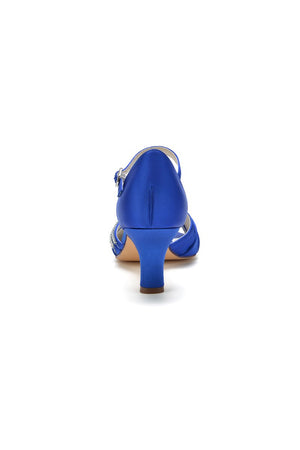 Blue Satin Heels with Elegant Silver Buckle and Rhinestone Detail - KissProm