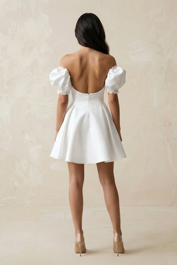 Satin Lace Off - the - Shoulder A - Line Wedding Dress in White - KissProm Wedding Dresses